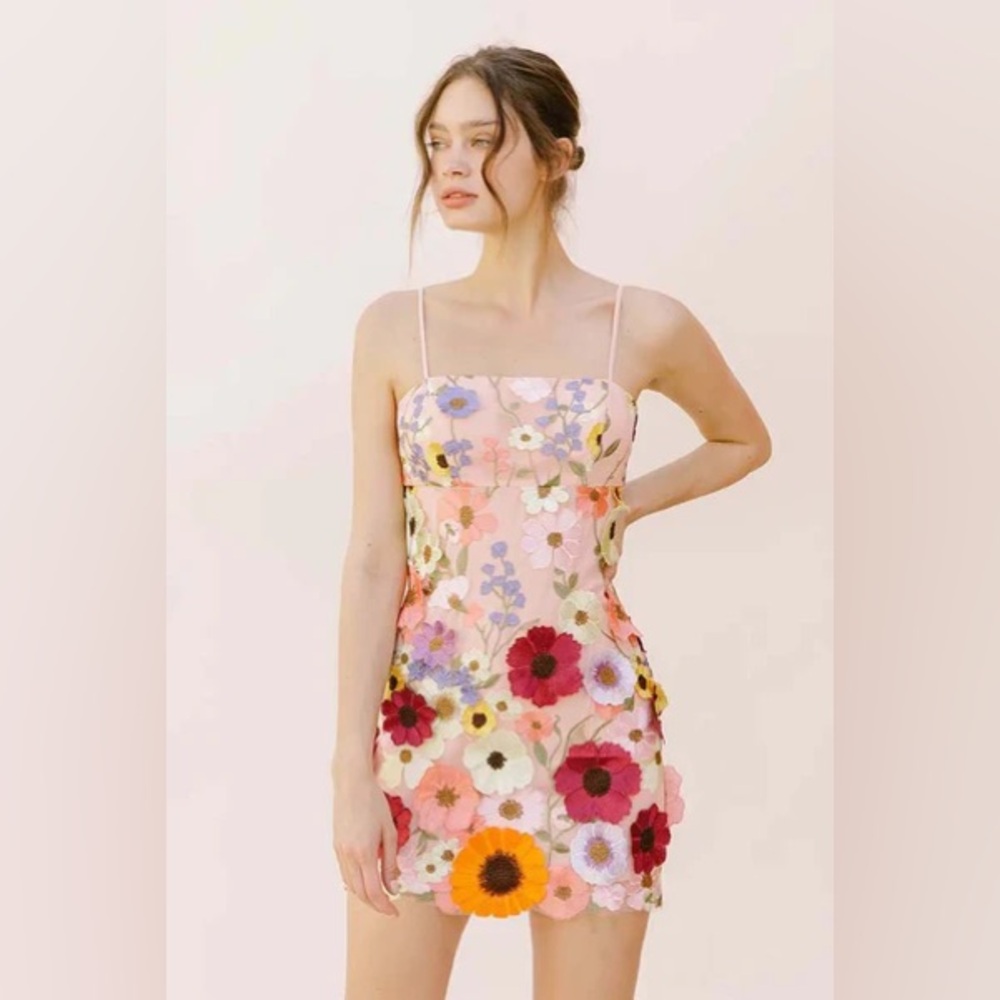 Storia Multi Floral Appliqué Mini Dress - Pink andYellow  NEW w/Tags!! - Picture 4 of 5